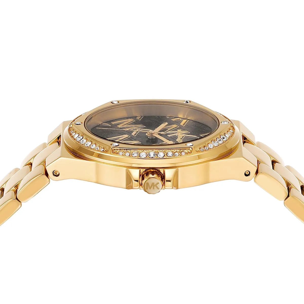 Overhead view of Michael Kors Lennox dial showing black face with MK logo pattern and crystal-paved bezel