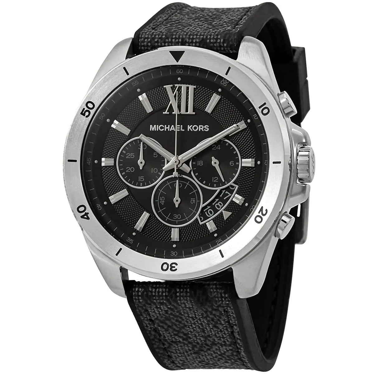 Three-quarter view of Brecken chronograph watch showing black textured dial with three subdials and silver case
