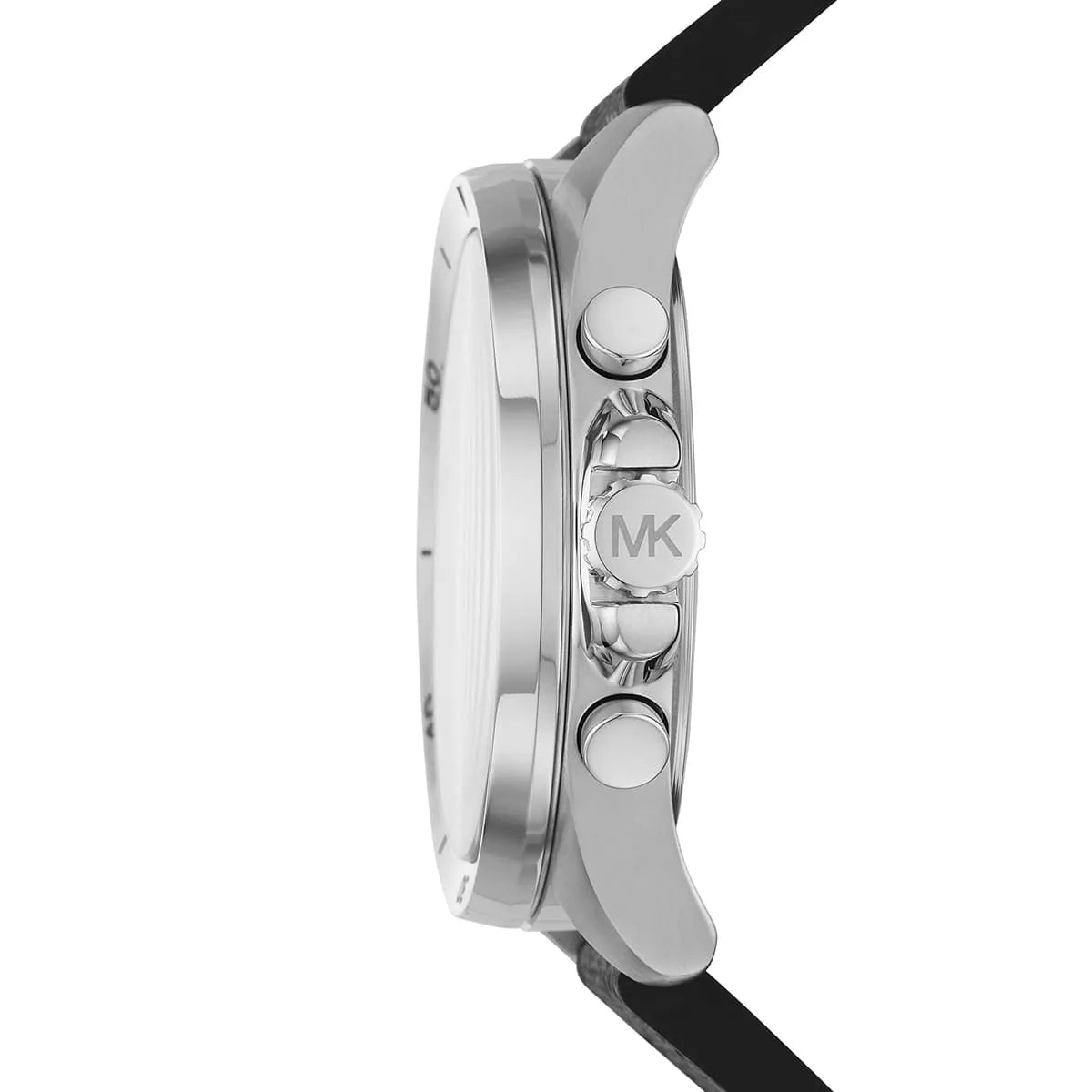Side view of Brecken chronograph case showing chronograph pushers and MK logo on bezel