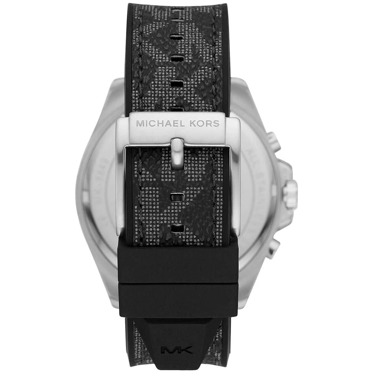 Black PVC/silicone strap with MK logo, white buckle, and pattern detail on Brecken watch