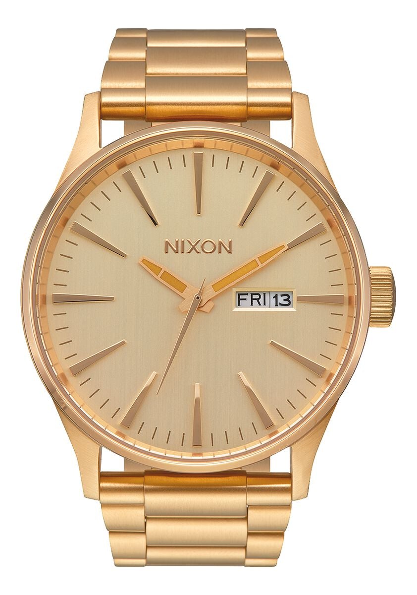 Nixon Sentry A356-502 men's watch with all-gold dial and gold-tone stainless steel bracelet, front view