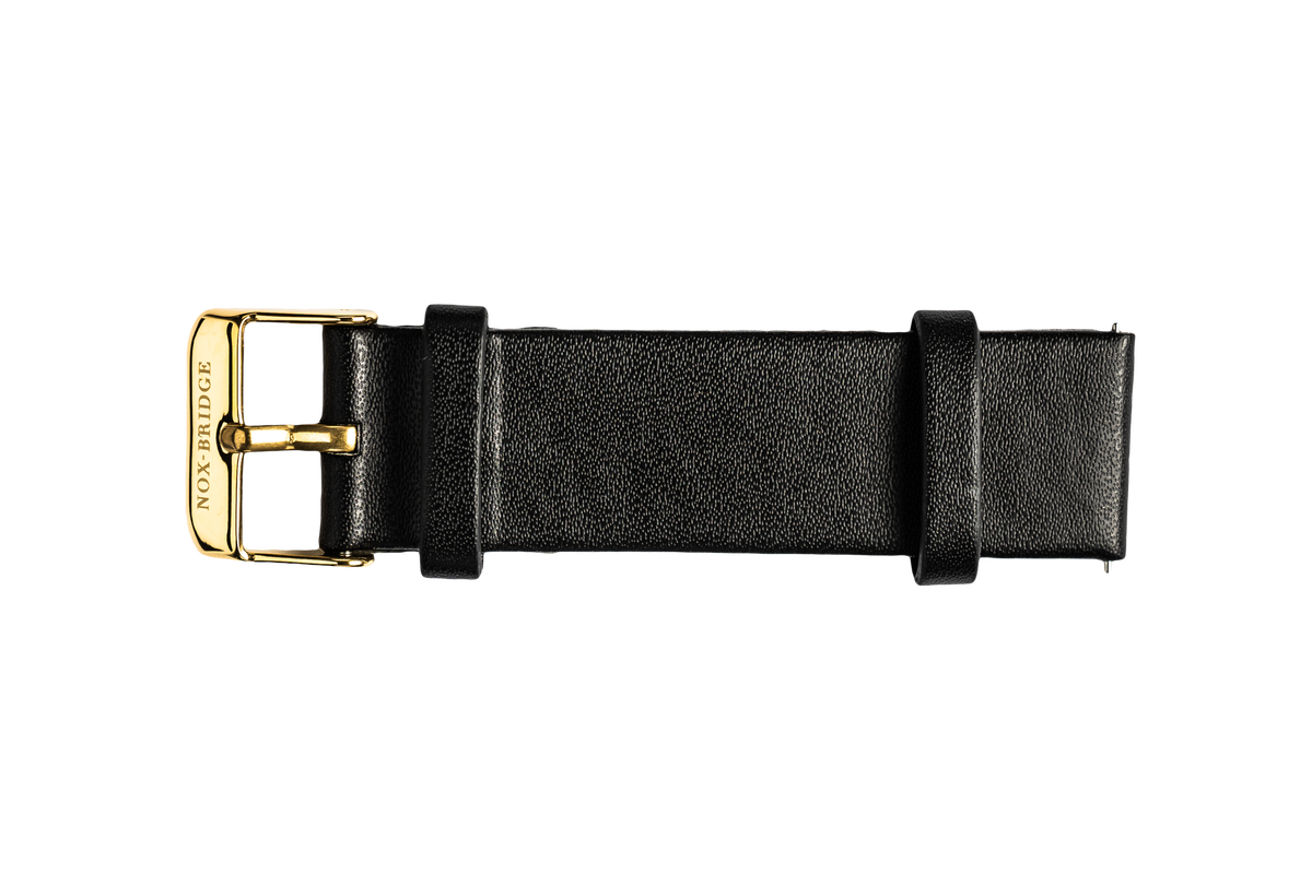 Black waterproof vegan leather watch strap with gold buckle