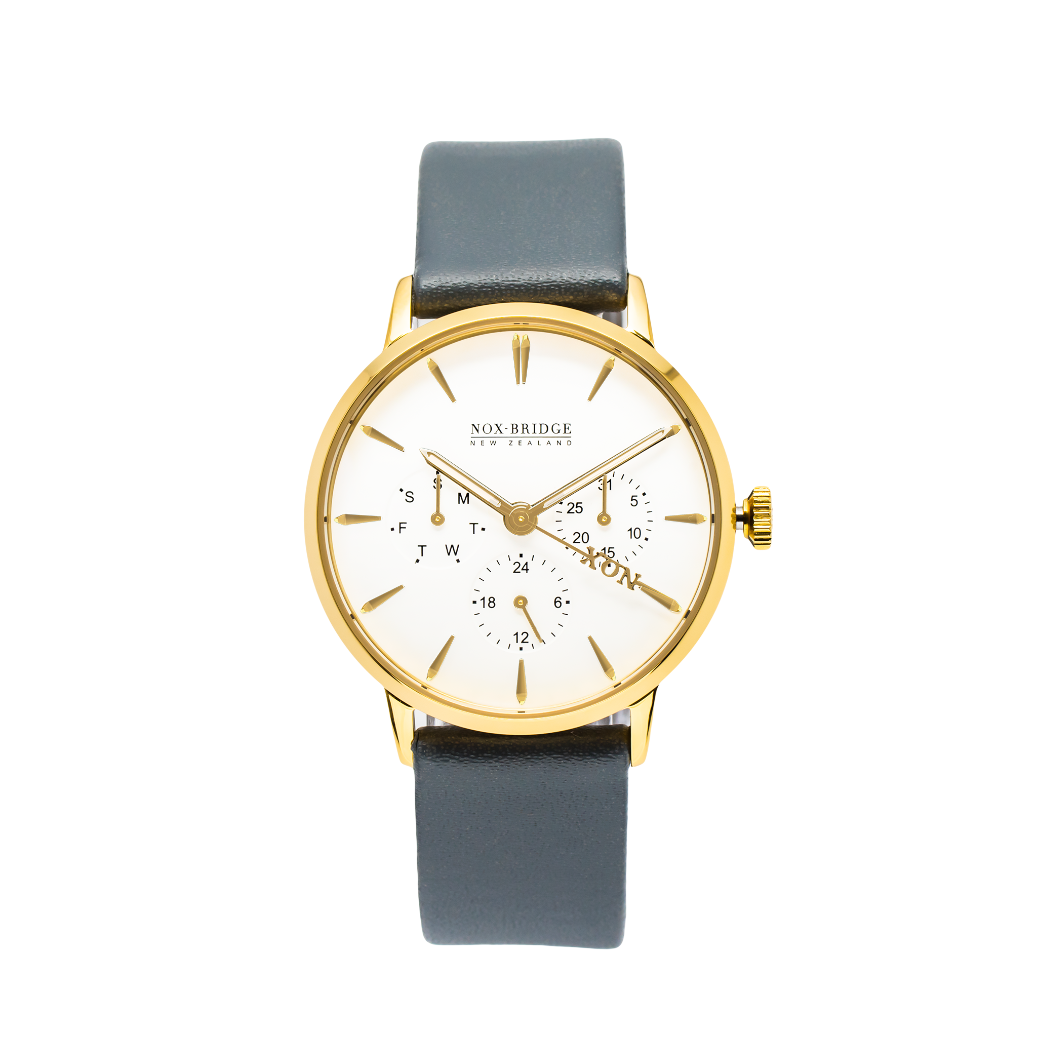 Noxbridge Classic Alcyone gold chronograph watch with white dial and charcoal strap