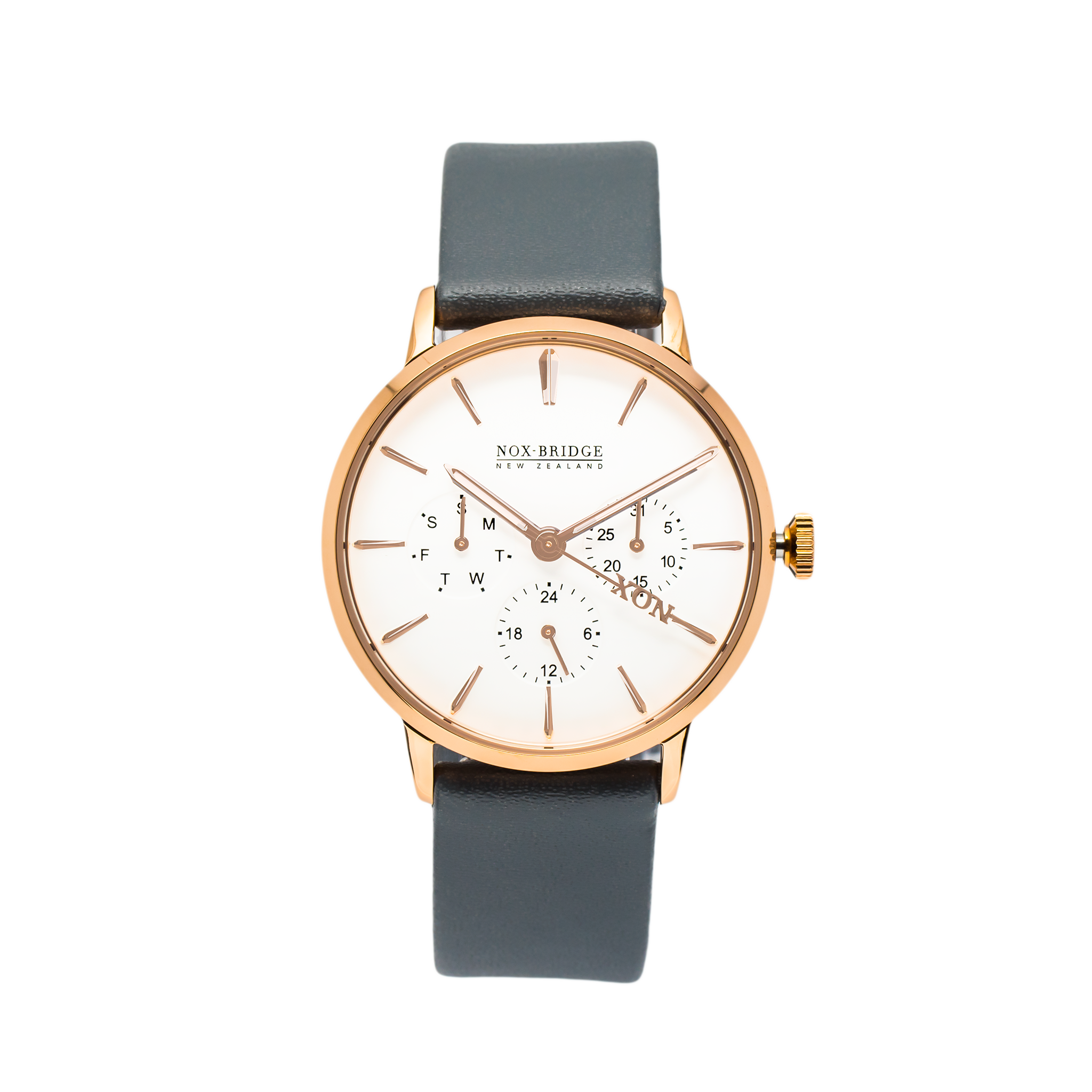 Noxbridge Classic Alcyone rose gold 36mm watch with white dial and dark leather strap