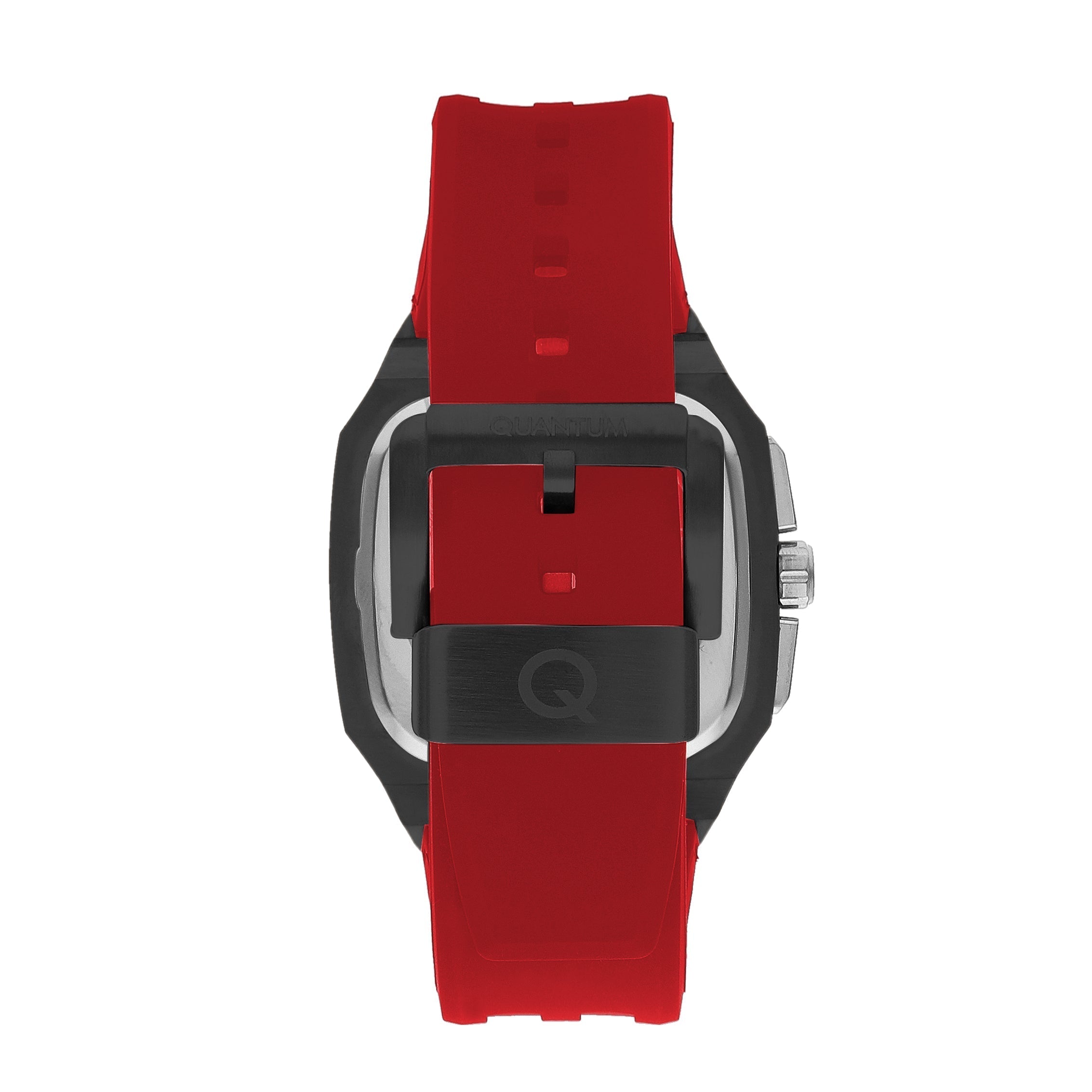 Quantum square watch angled view with red strap and black case