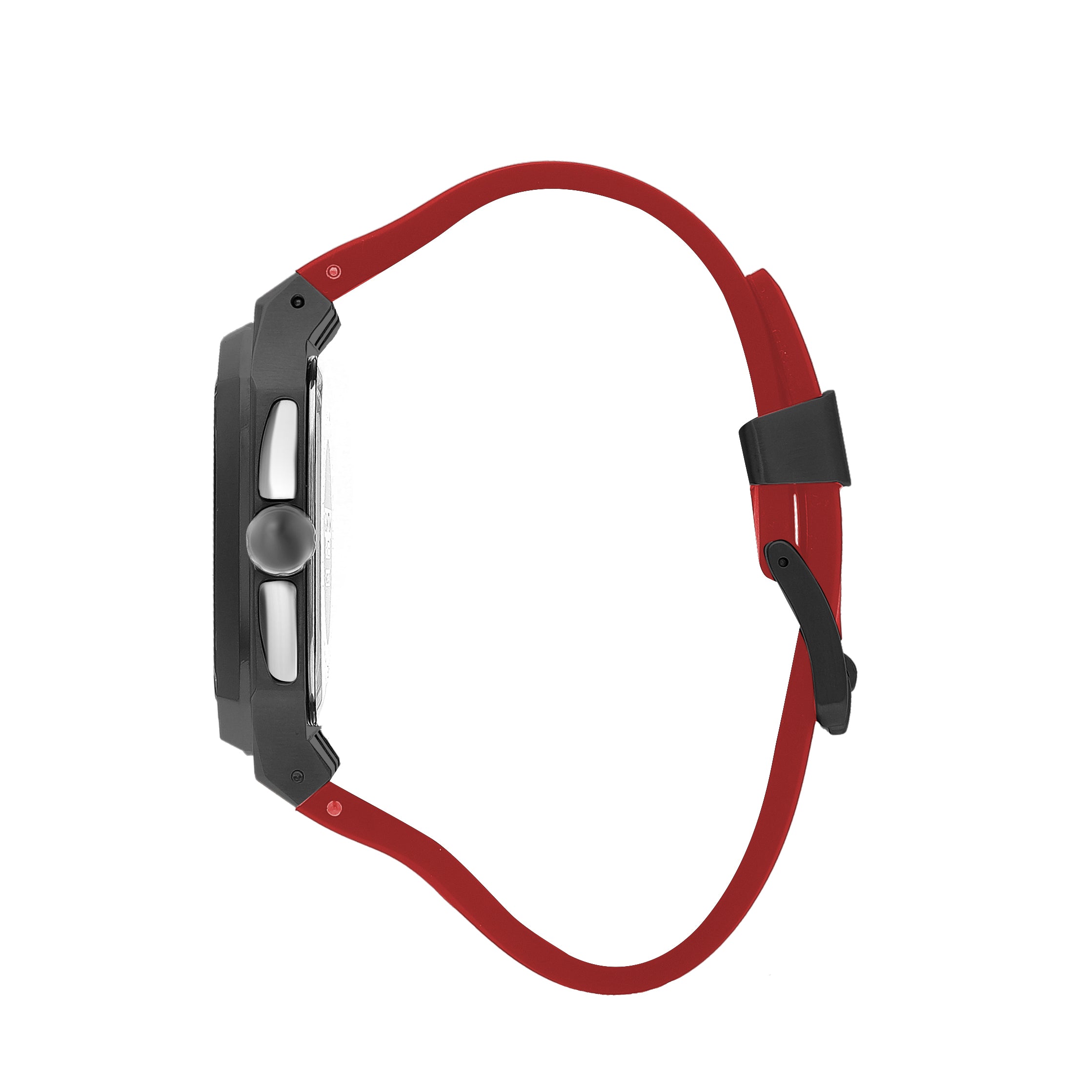 Quantum watch side view showing black case and red rubber strap