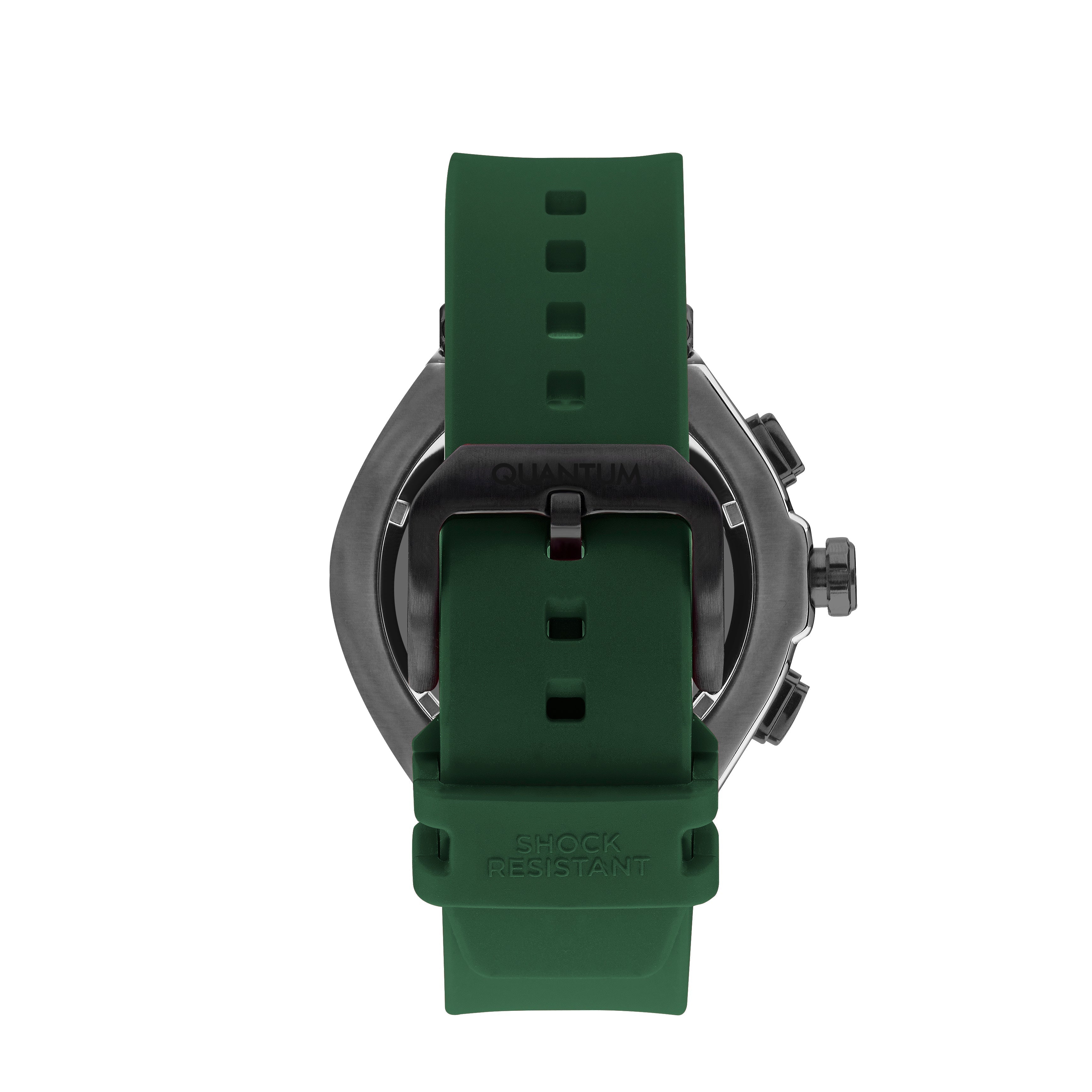 Quantum Hunter watch caseback showing green silicone strap attachment and gray case