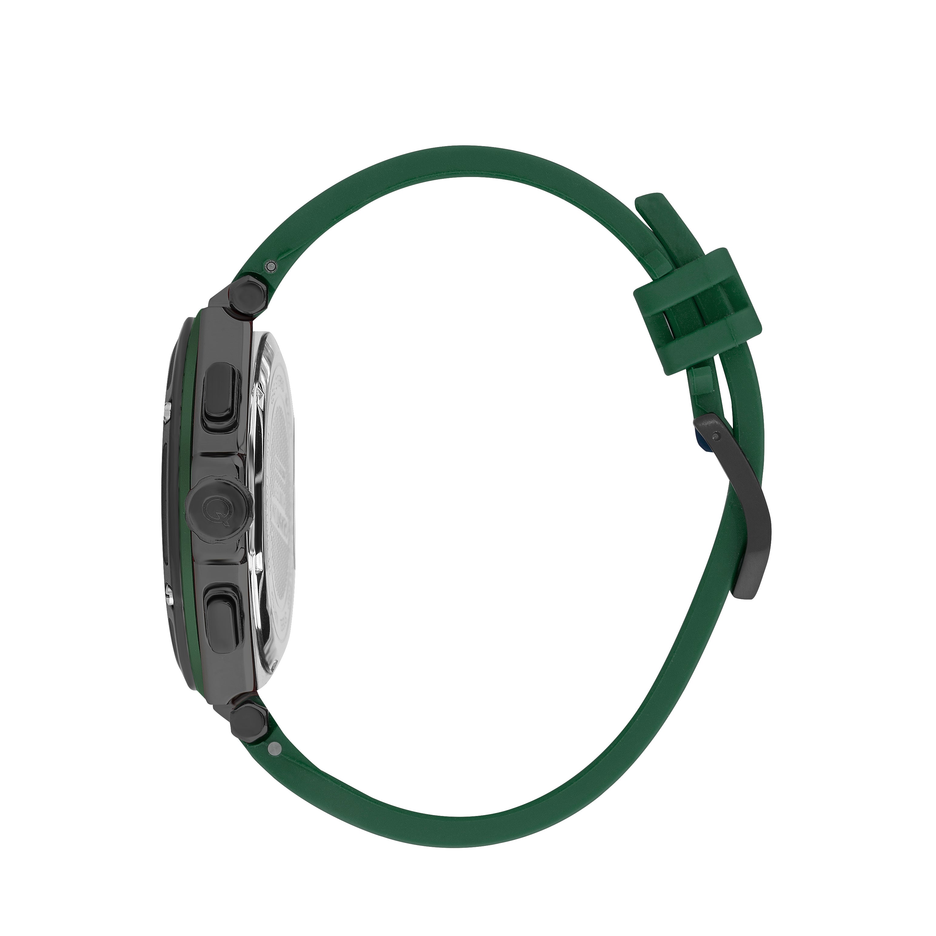 Quantum Hunter watch side view showing green silicone strap and gray case profile