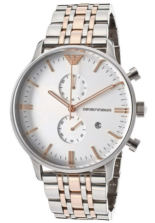 Emporio Armani Steel Two Tone Silver Rose Gold Chronograph Men's Watch#AR0399 - Big Daddy Jewelry