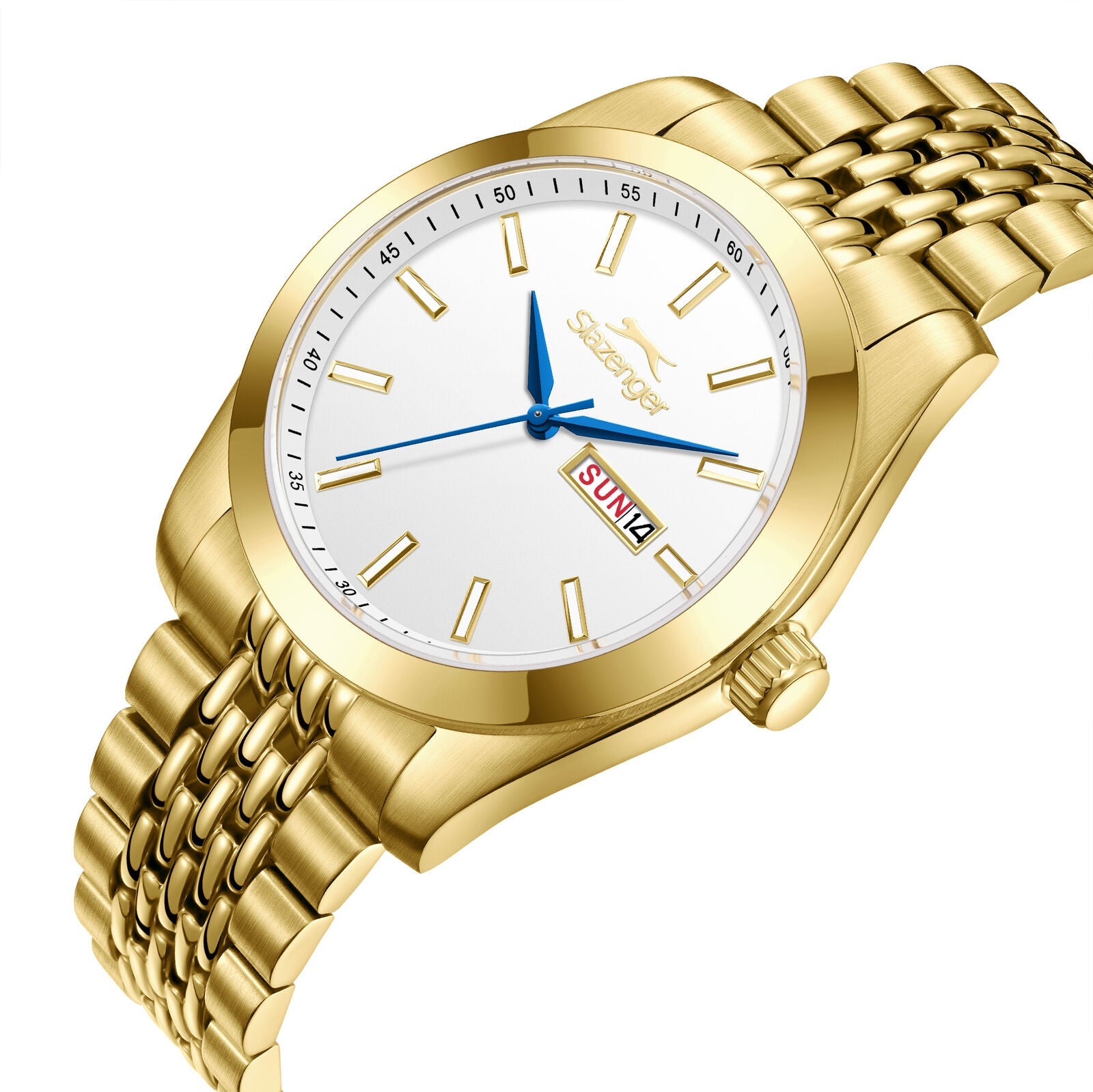Slazenger Classic watch from angled view showing white dial with blue hands and gold case