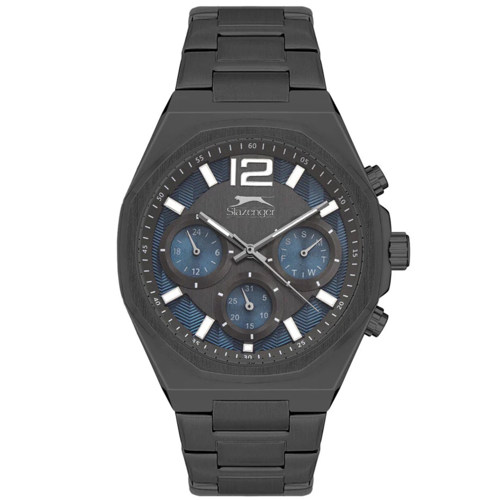 Slazenger grey oversized multifunction chronograph watch with luminous dial and blue subdials