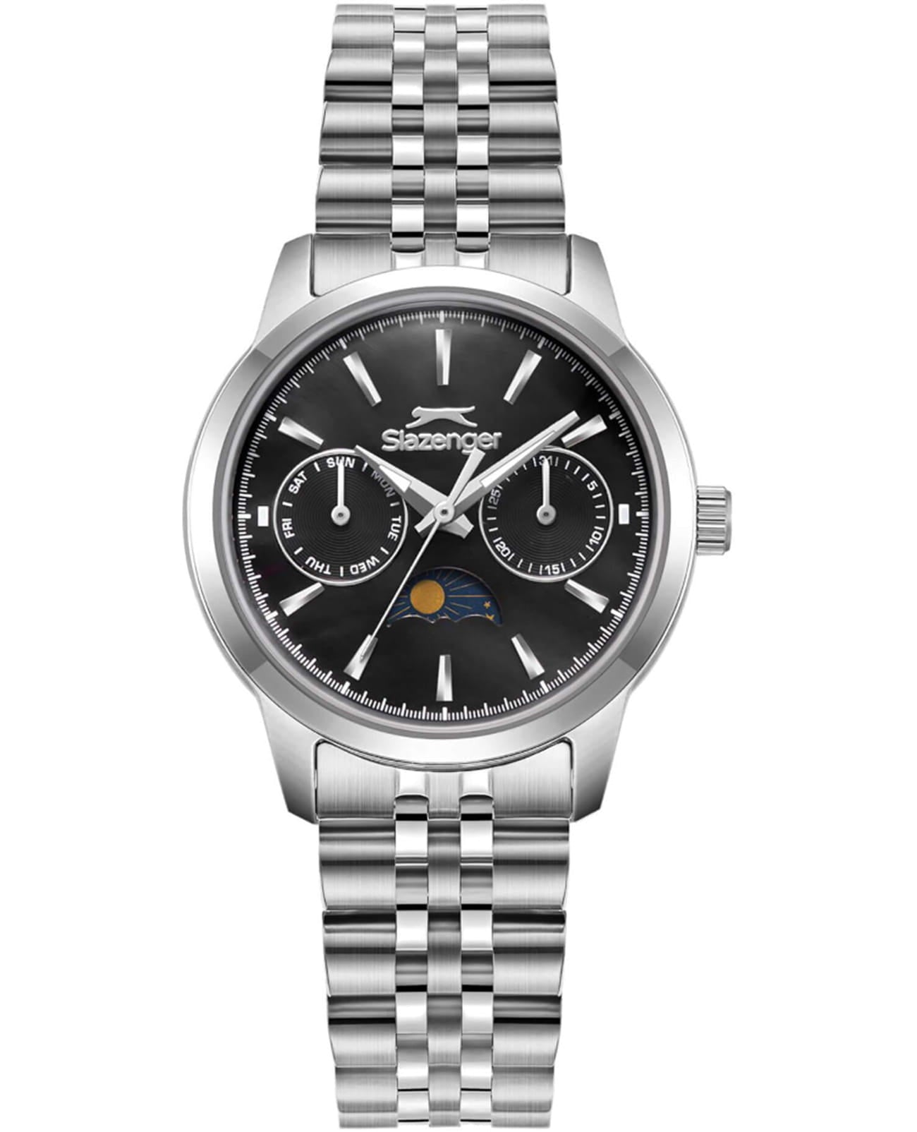 Slazenger three-hand day/night black dial silver watch with silver steel bracelet
