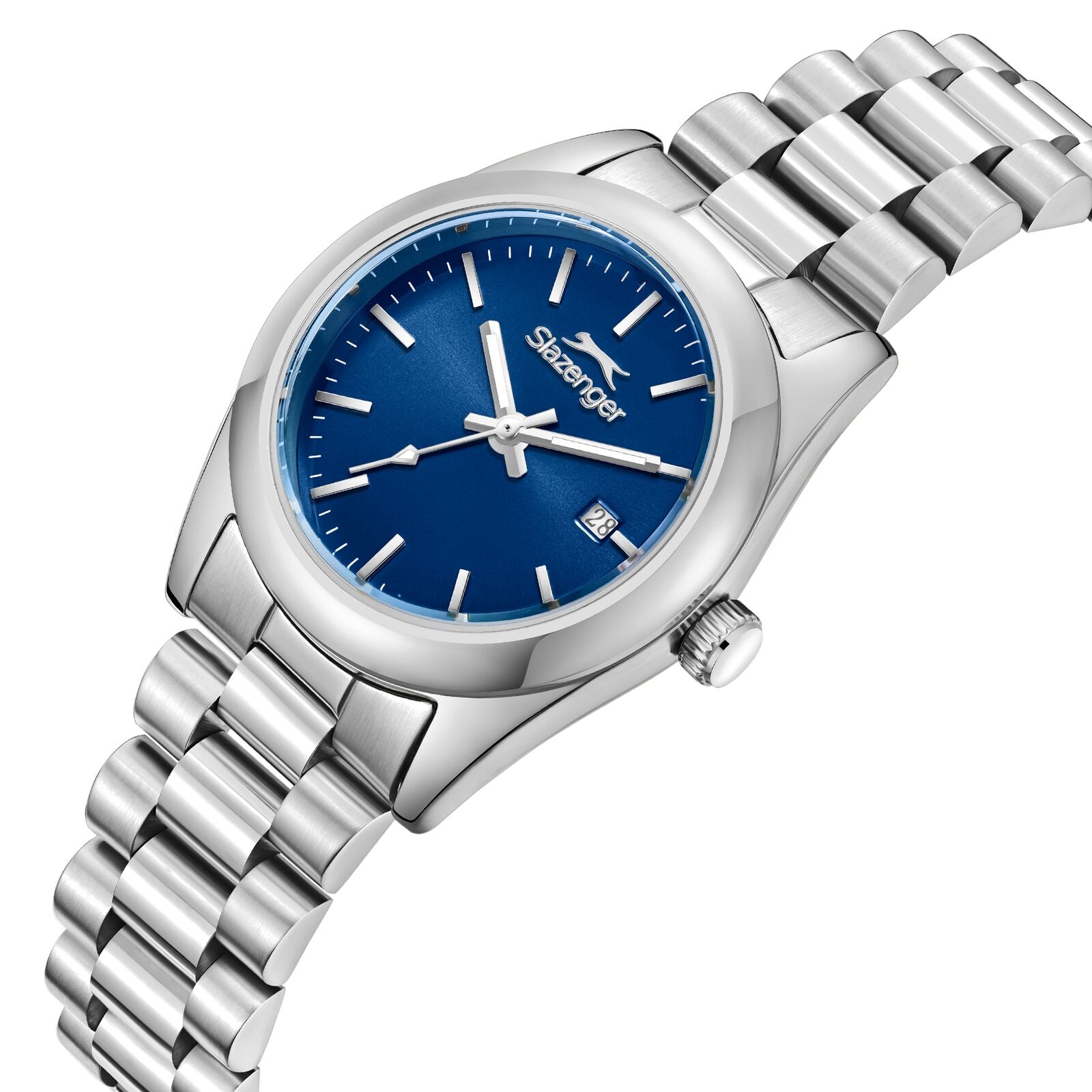 Slazenger silver watch angled view showing blue dial and stainless steel bracelet