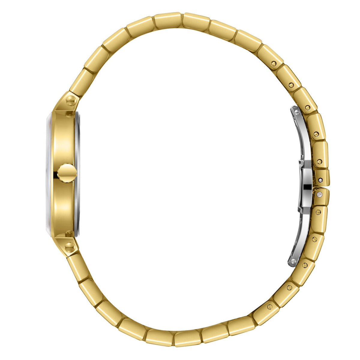 Gold-tone watch bracelet side view showing link construction