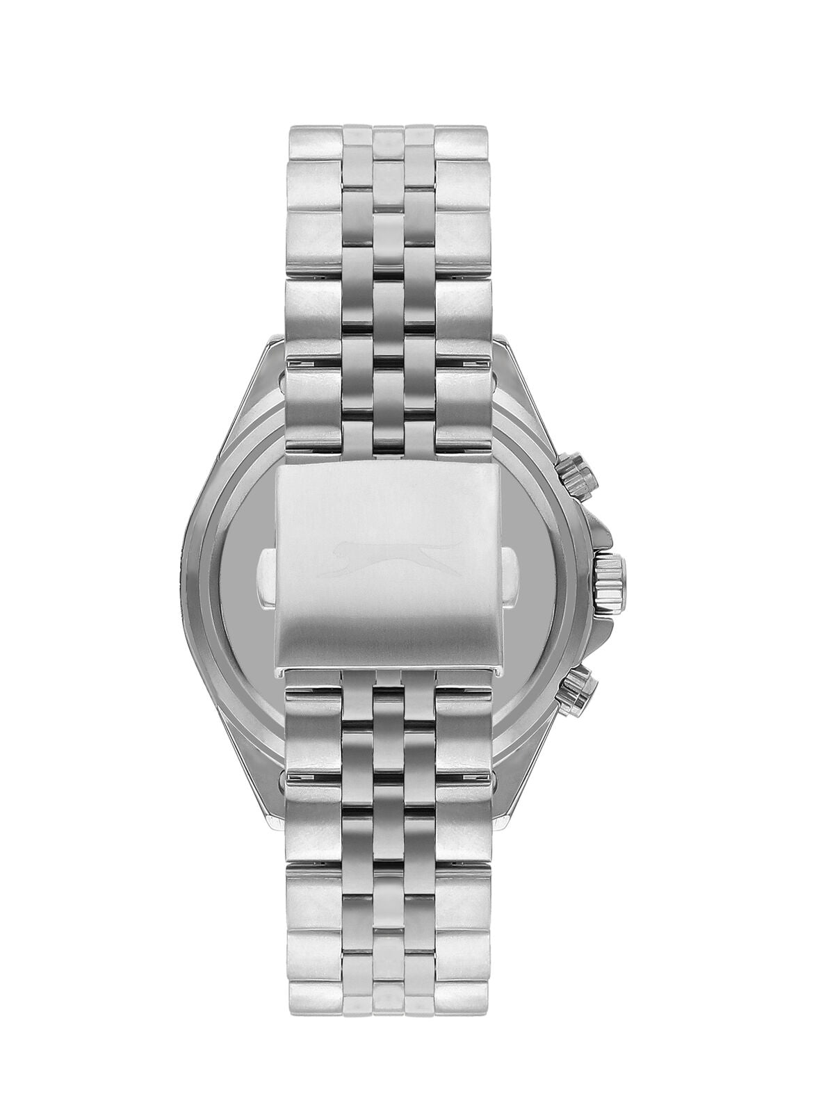 Caseback view of Slazenger Sport watch with silver stainless steel bracelet