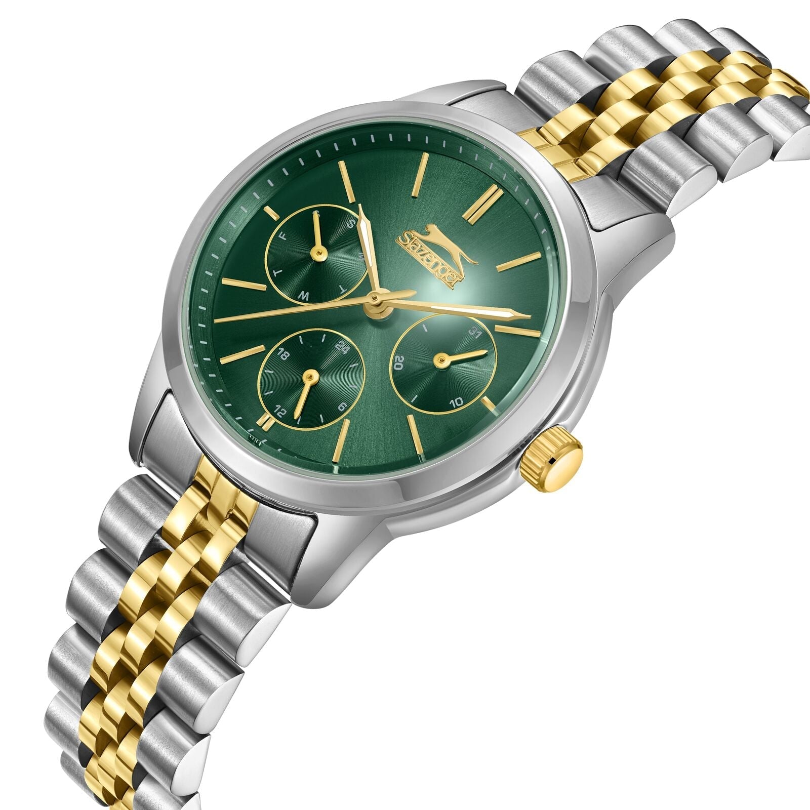 Two-tone stainless steel bracelet with green dial and gold chronograph hands