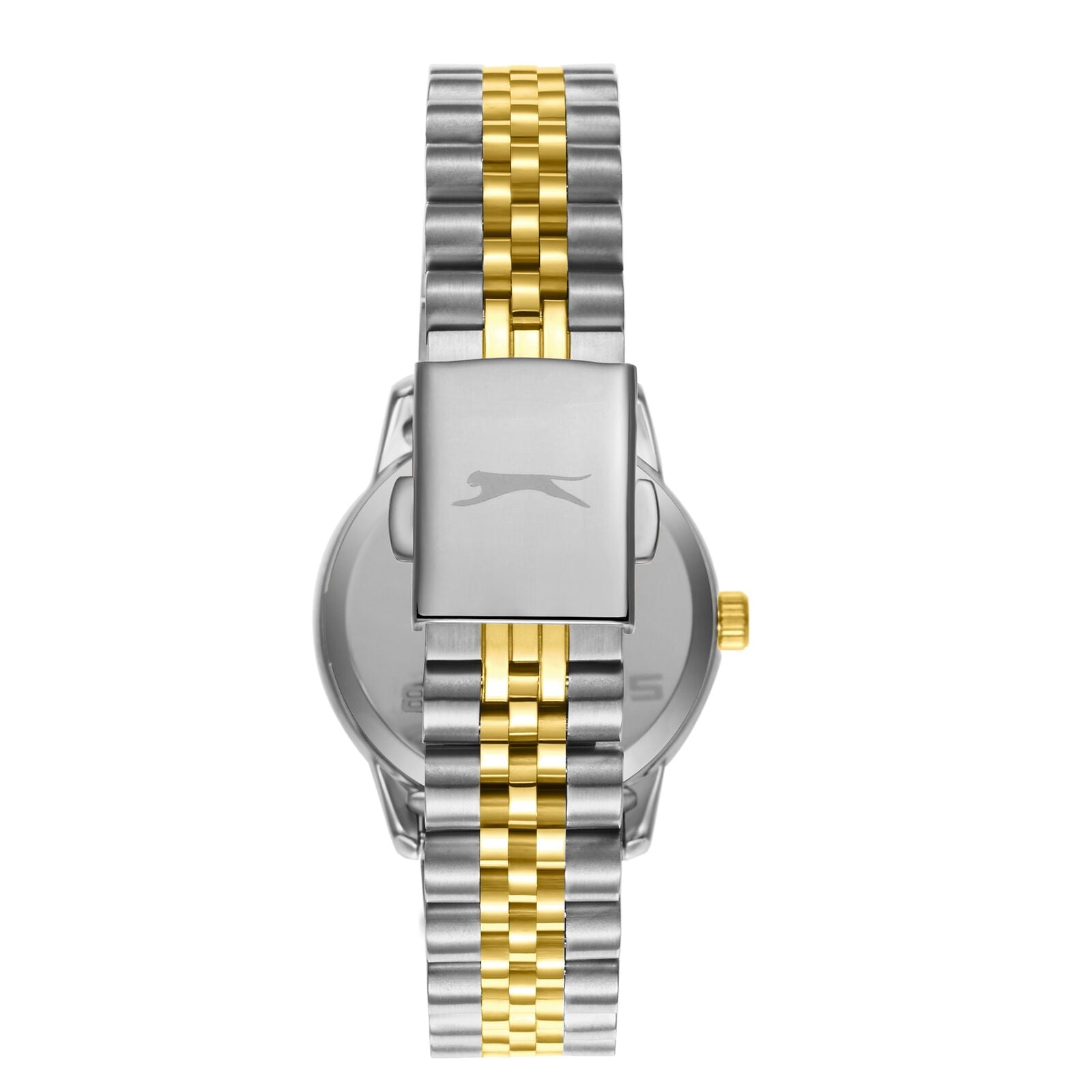 Case back view showing two-tone stainless steel construction