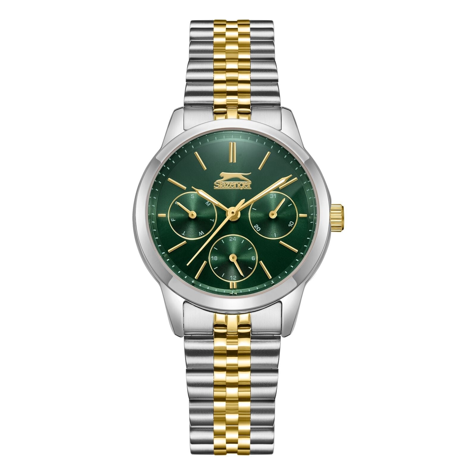 Slazenger Sport two-tone watch with green dial and multifunction chronograph subdials
