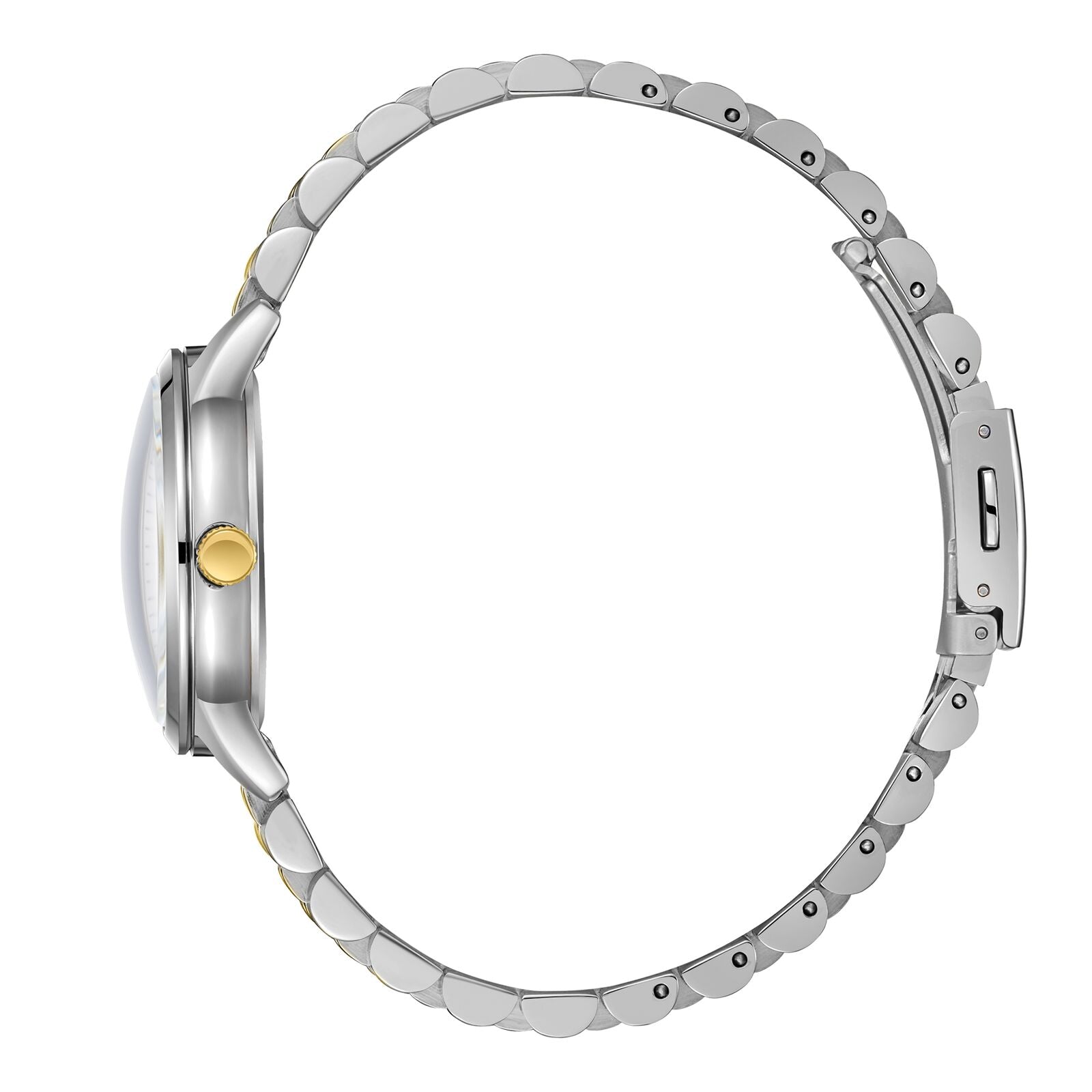 Side view of two-tone stainless steel bracelet with deployant clasp