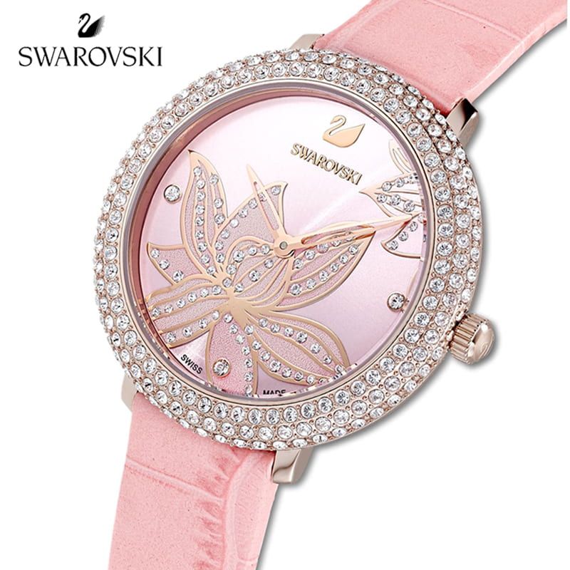 Swarovski 5575217 watch with pink crocodile-embossed leather strap and crystal bezel