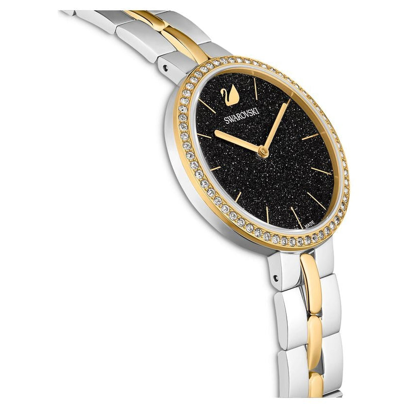Angled view of Cosmopolitan watch showing crystal bezel and two-tone metal bracelet