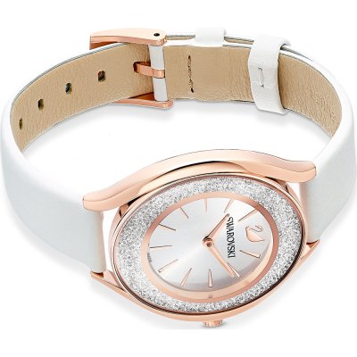 Swarovski Crystalline Aura watch with white leather strap and rose-gold buckle