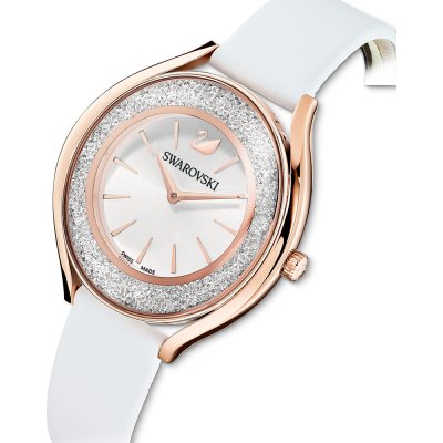Three-quarter view of Swarovski Crystalline Aura women's watch with white leather strap