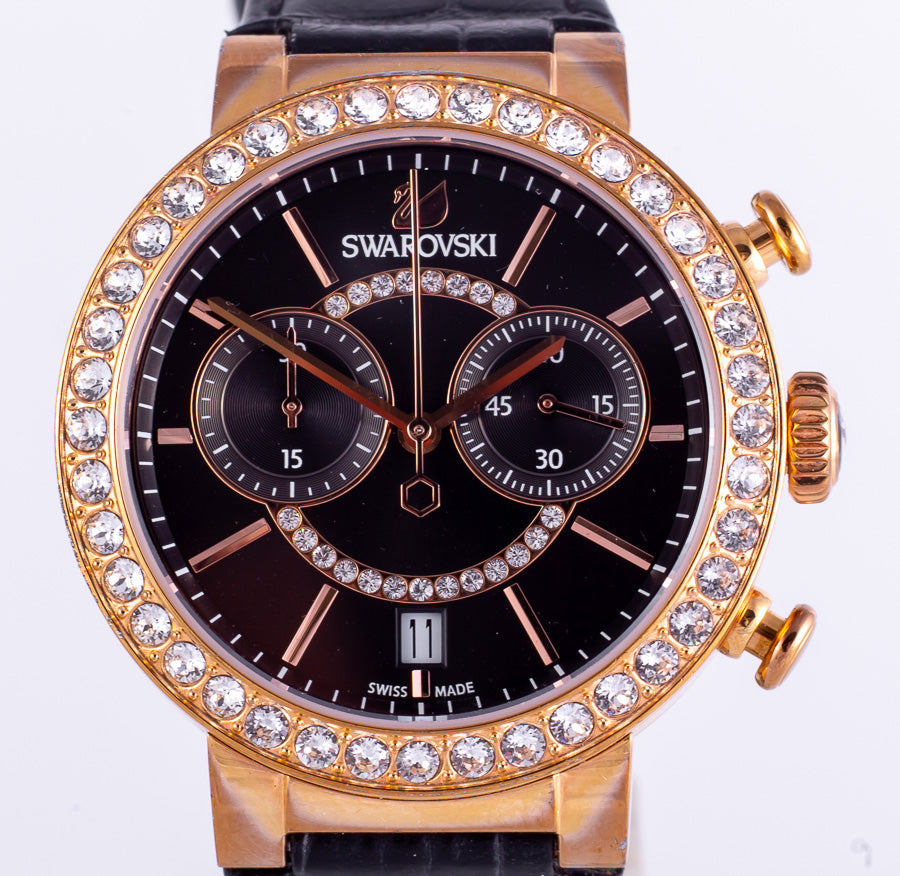 Front view of Swarovski Lovely Crystals chronograph with black dial and crystal bezel detail