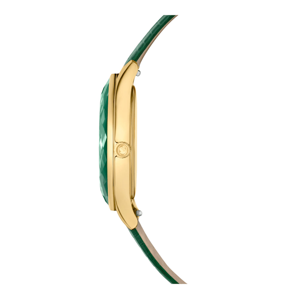 Side profile of Swarovski Octea Nova watch with gold-tone case and green leather strap