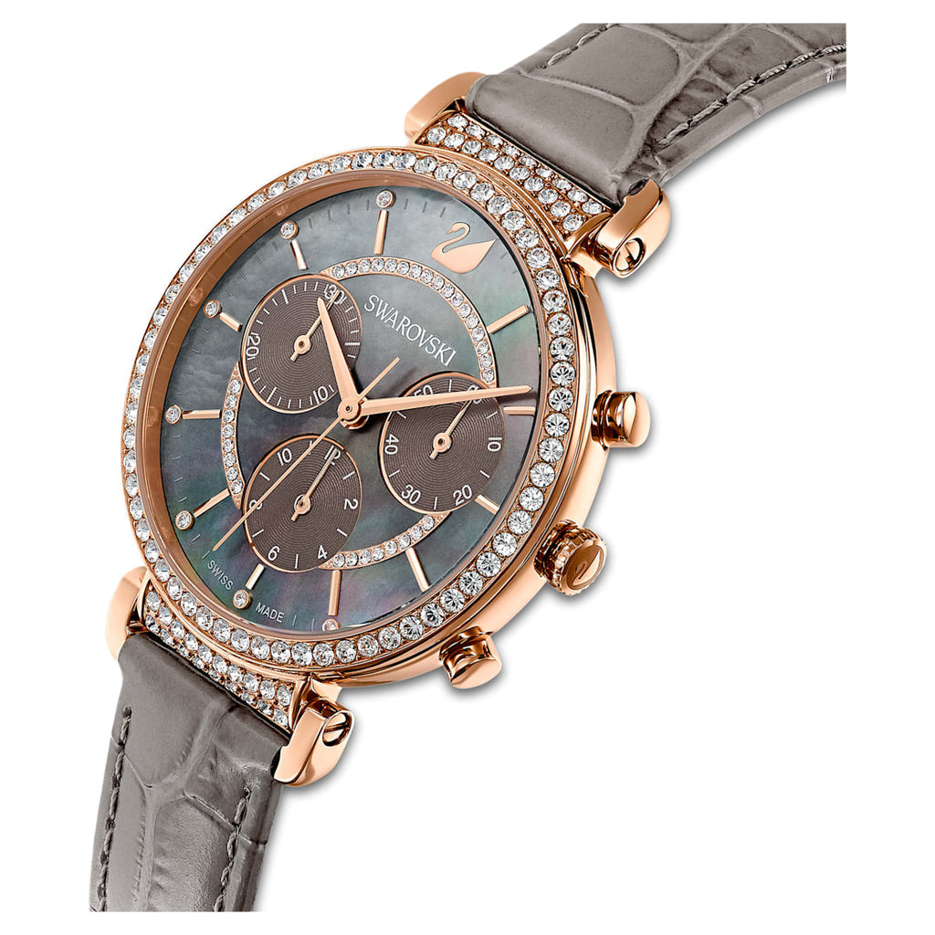 Angled view of Swarovski Passage Chrono chronograph with crystal bezel and leather strap on wrist