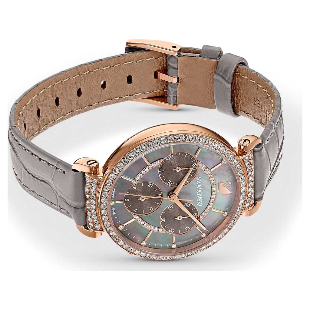 Swarovski Passage Chrono watch worn on wrist showing full dial and crystal taupe face with chronograph subdials