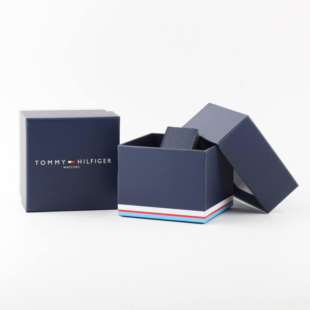Tommy Hilfiger branded navy watch box with red and blue stripe detail