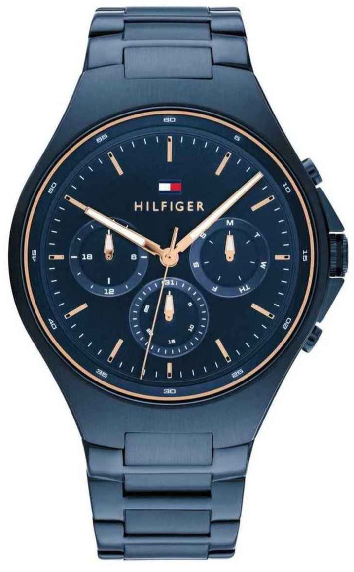 Tommy Hilfiger Justin blue chronograph watch with rose gold accents and steel bracelet