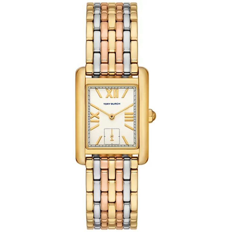 Tory Burch Eleanor tri-tone stainless steel women's watch with white dial and Roman numerals
