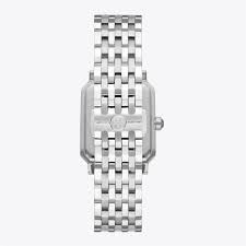 Tory Burch Robinson TBW1510 angled view of rectangular case and stainless steel strap