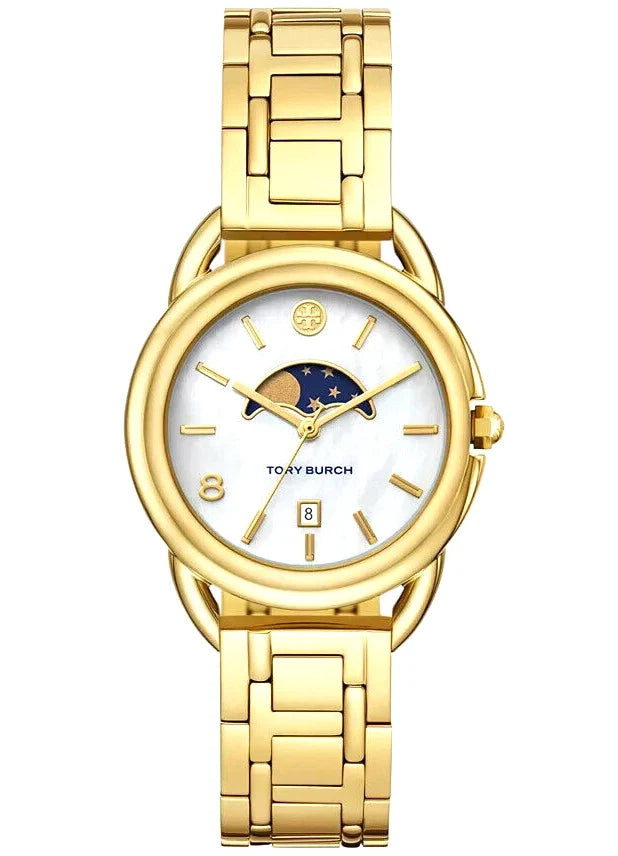 Tory Burch The Miller gold-tone stainless steel watch with white dial and moon phase complication