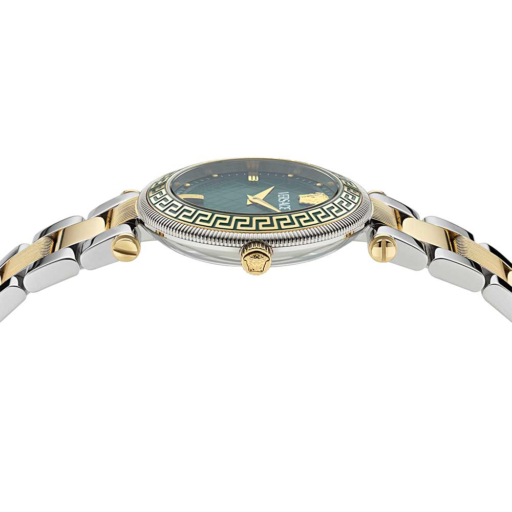 Angled view of Versace Reve Lady watch showing case and two-tone bracelet from above