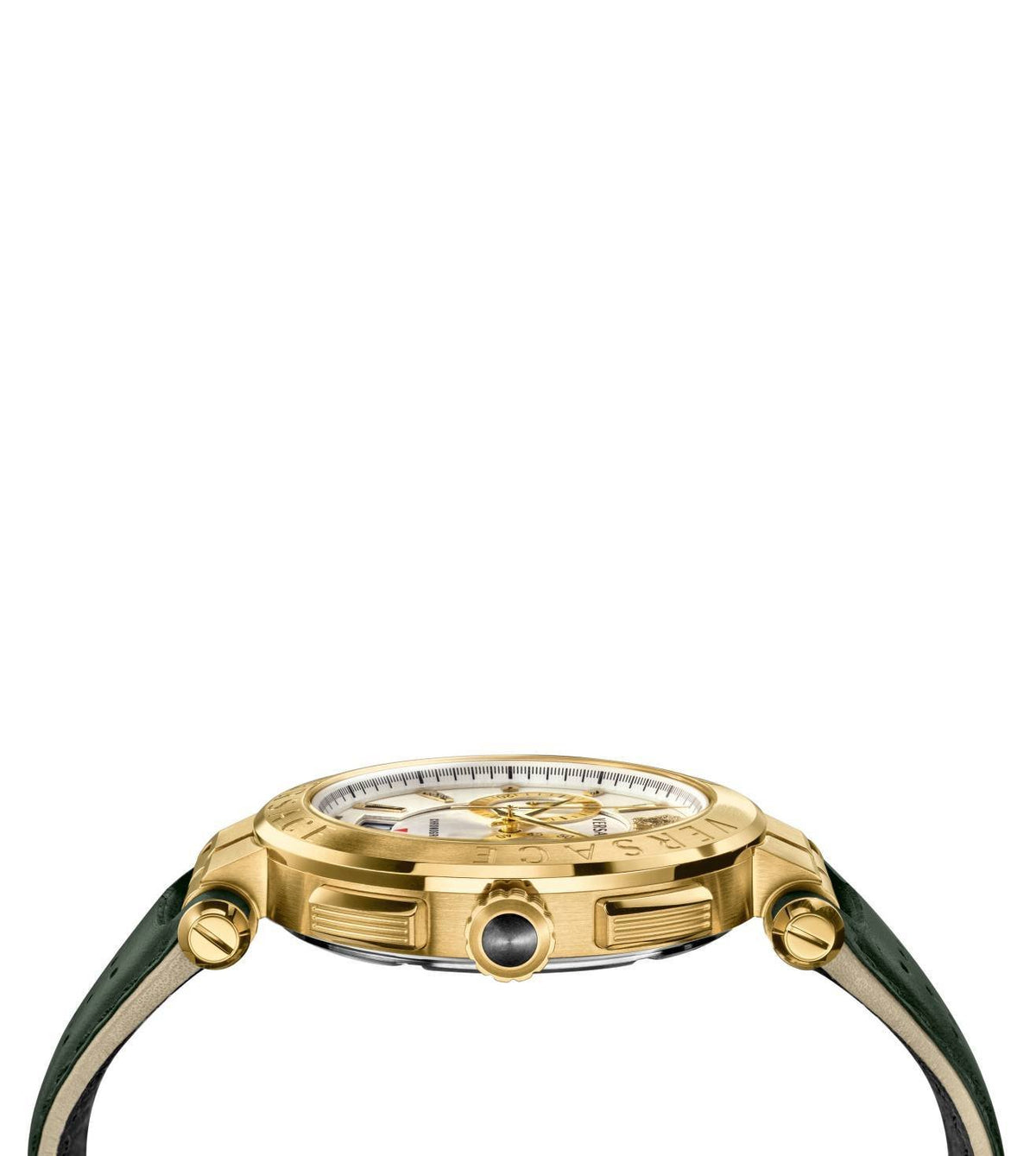 Side view of Versace Aion chronograph watch showing gold case and green leather strap