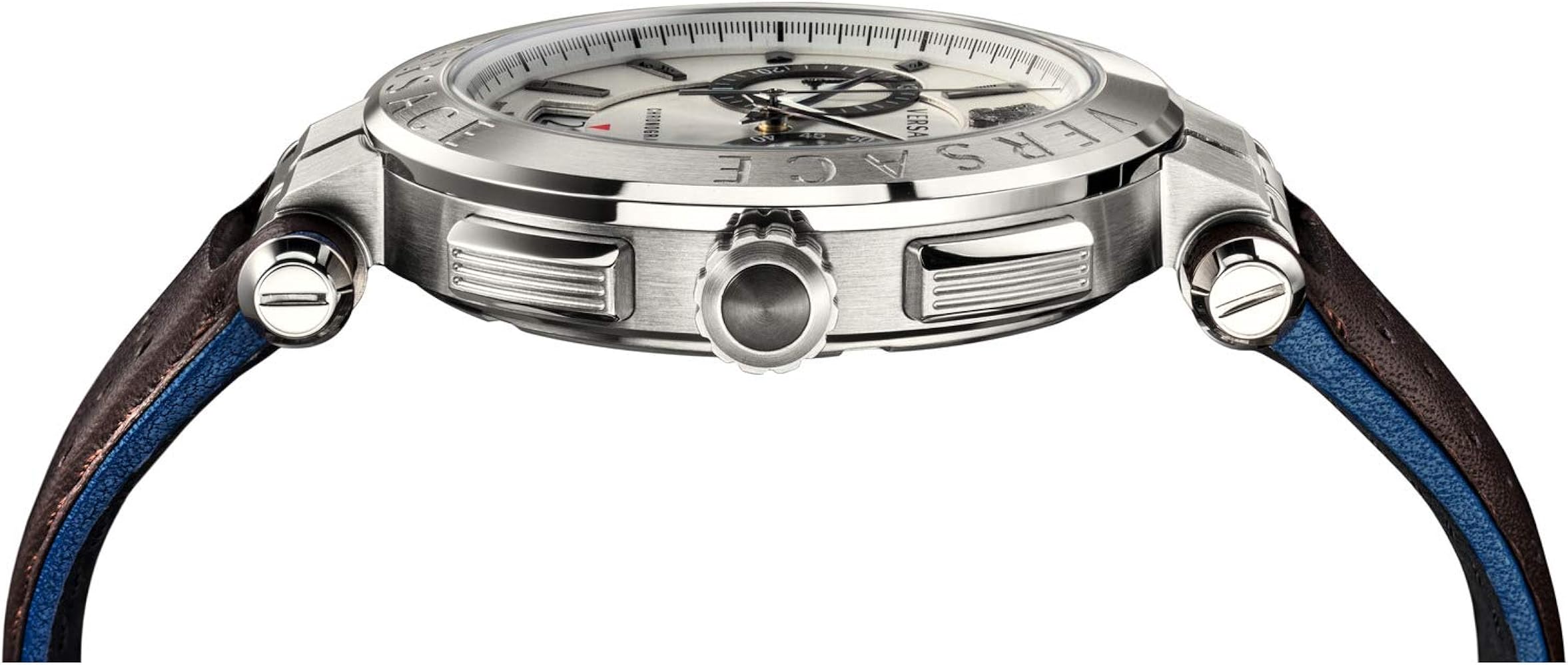 Side view of Versace Aion chronograph watch showing stainless steel case and blue-accented leather strap