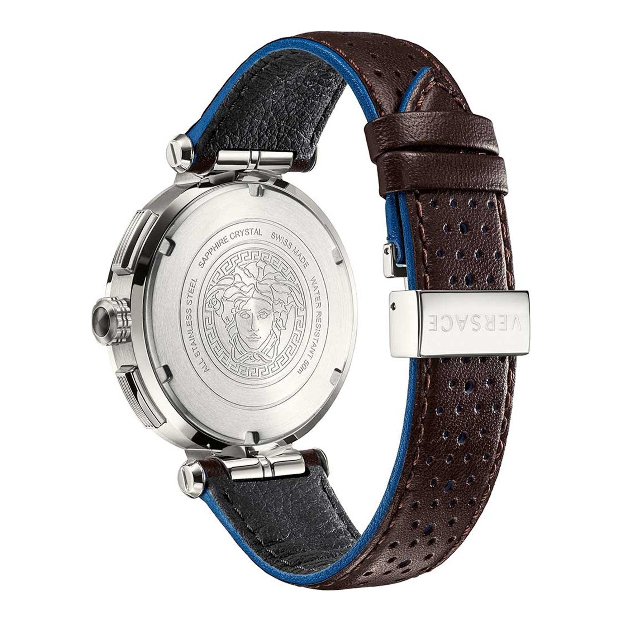Caseback and side view of Versace Aion watch with Medusa medallion and perforated brown leather strap