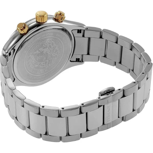 Caseback of Versace Chronograph Classic with engraved Medusa emblem and silver stainless steel bracelet