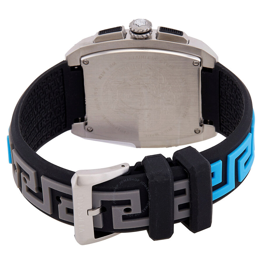 Caseback view of Versace Dominus watch with metal case back and blue/black rubber strap