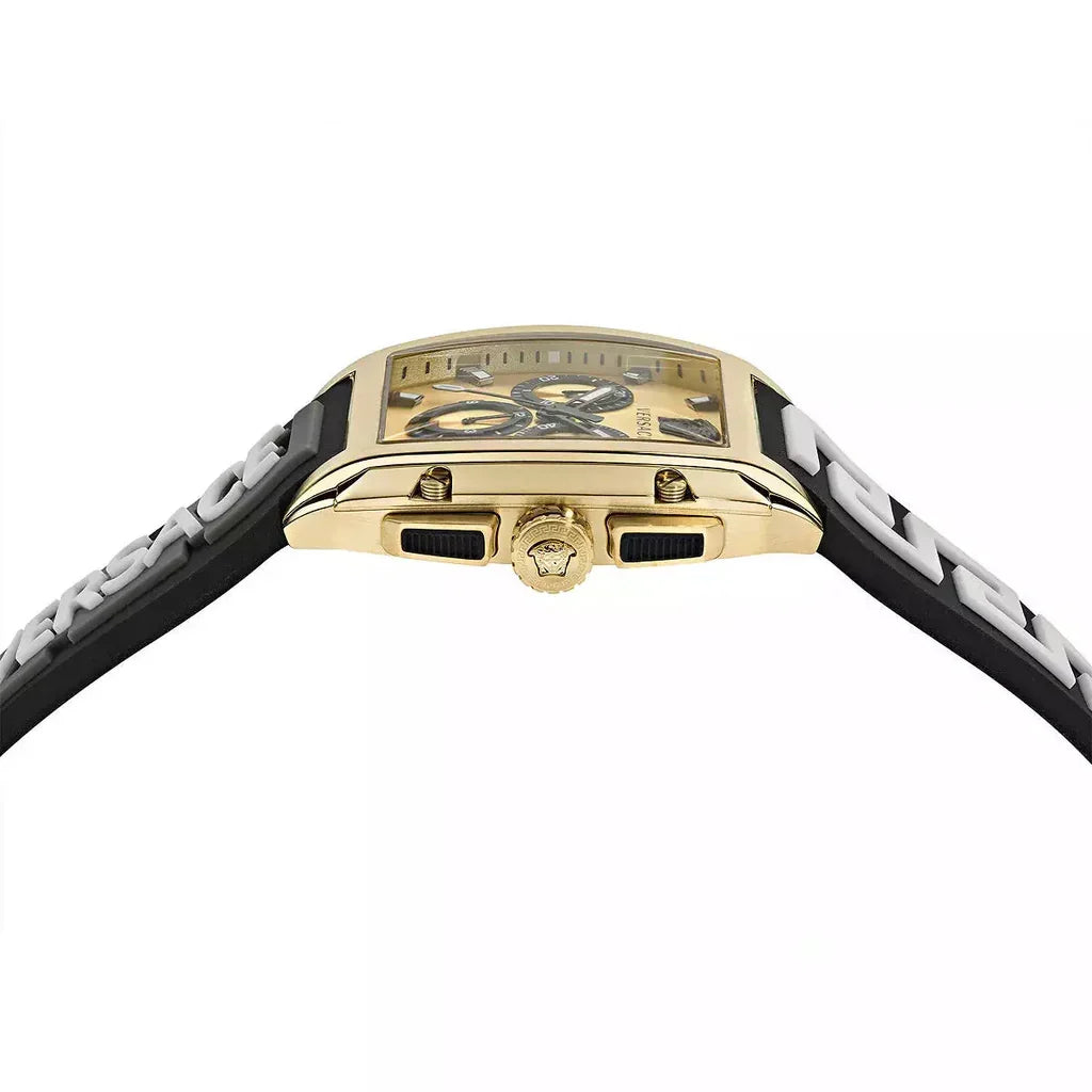 Versace Dominus angled view of gold case profile with chronograph subdials and Greek key strap pattern