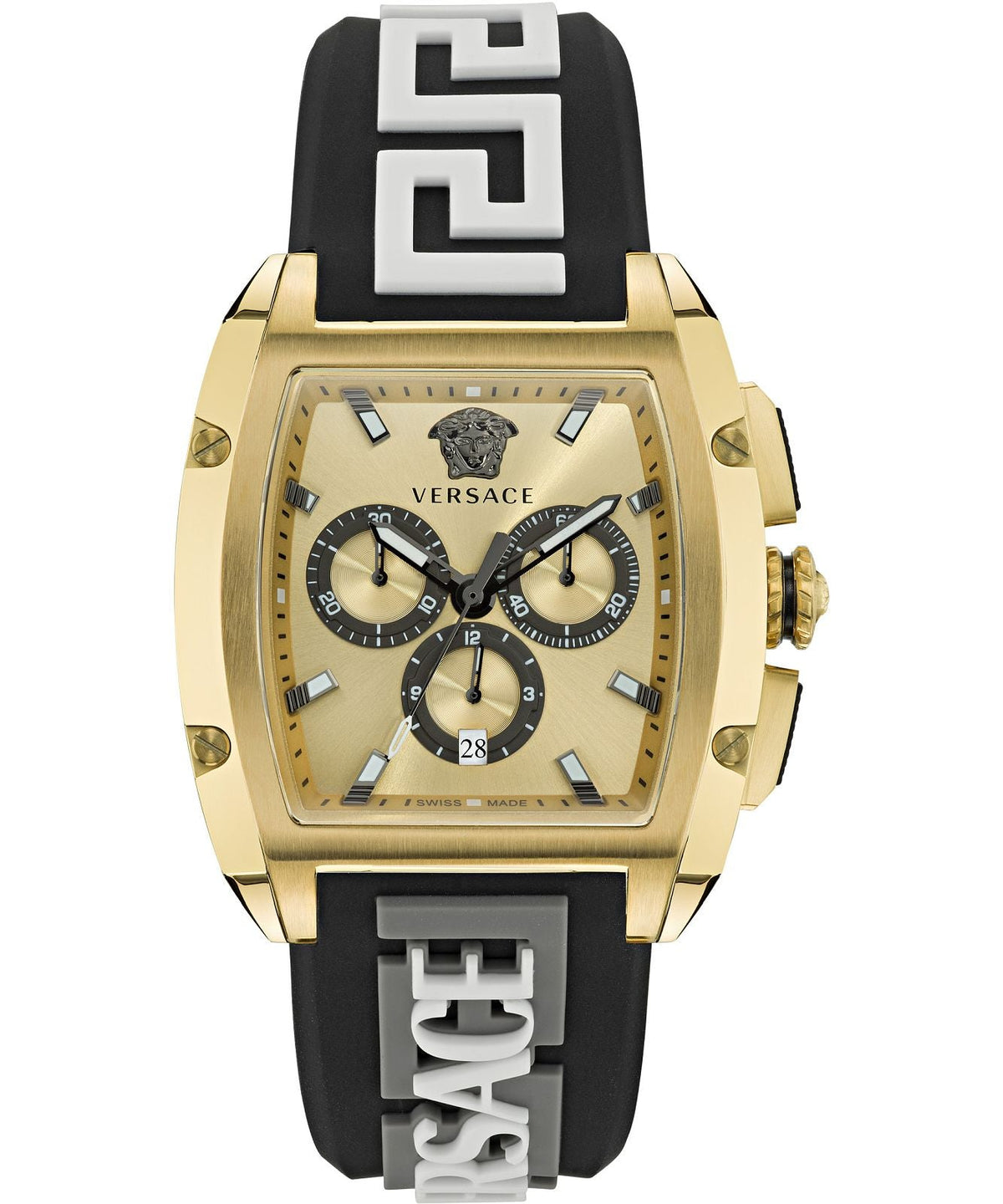 Versace Dominus Chronograph with gold dial, gold tonneau case, and black rubber strap with Greek key pattern