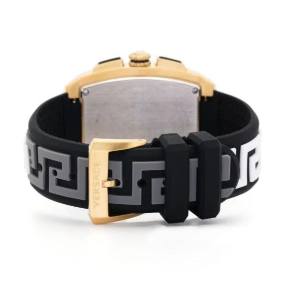 Versace Dominus men's chronograph watch with gold tonneau case and patterned black rubber strap detail