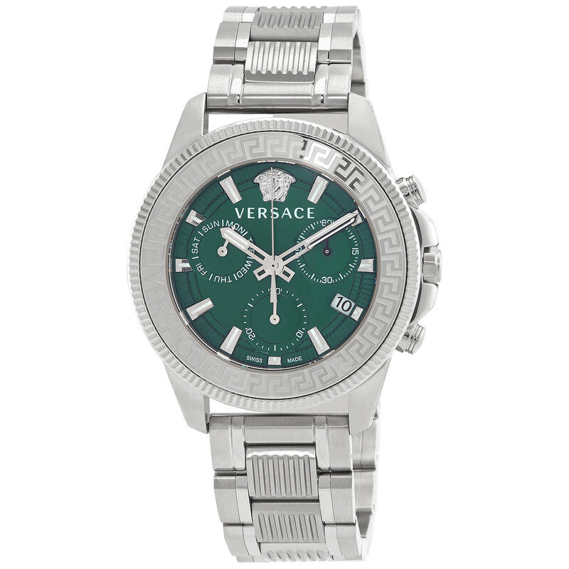 Versace Greca Action Chronograph Quartz Green Dial Silver Steel Strap Men's Watch - VE3J00422
