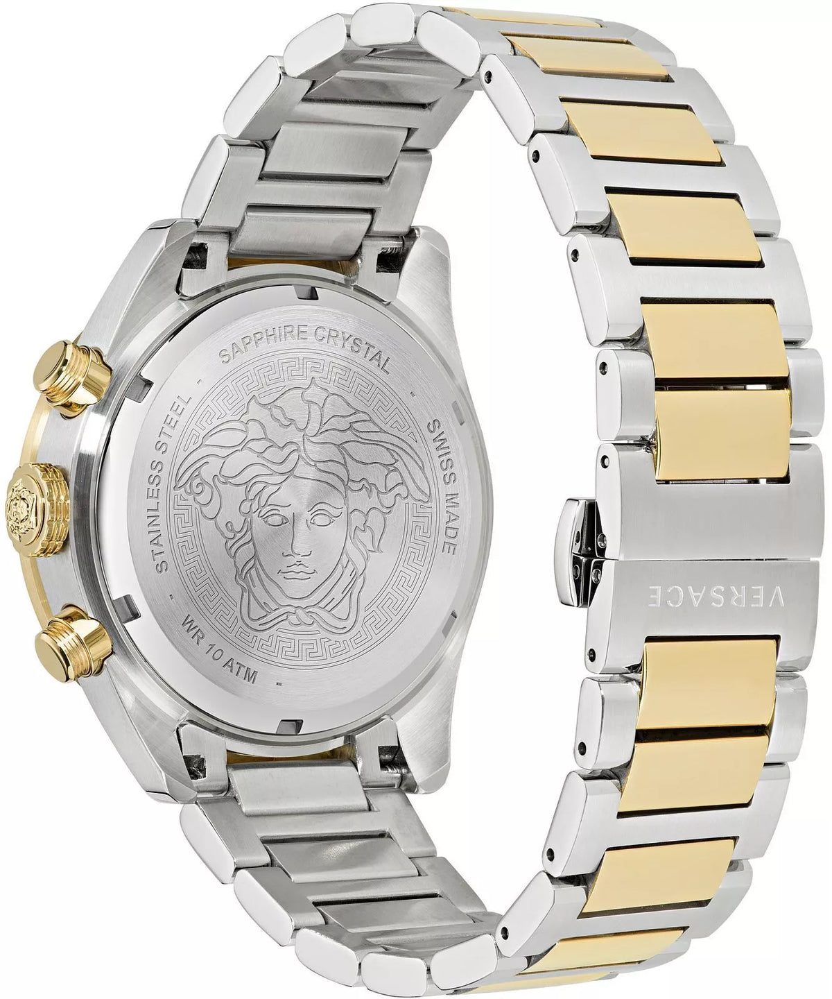 Versace Medusa caseback with sapphire crystal and two-tone bracelet detail