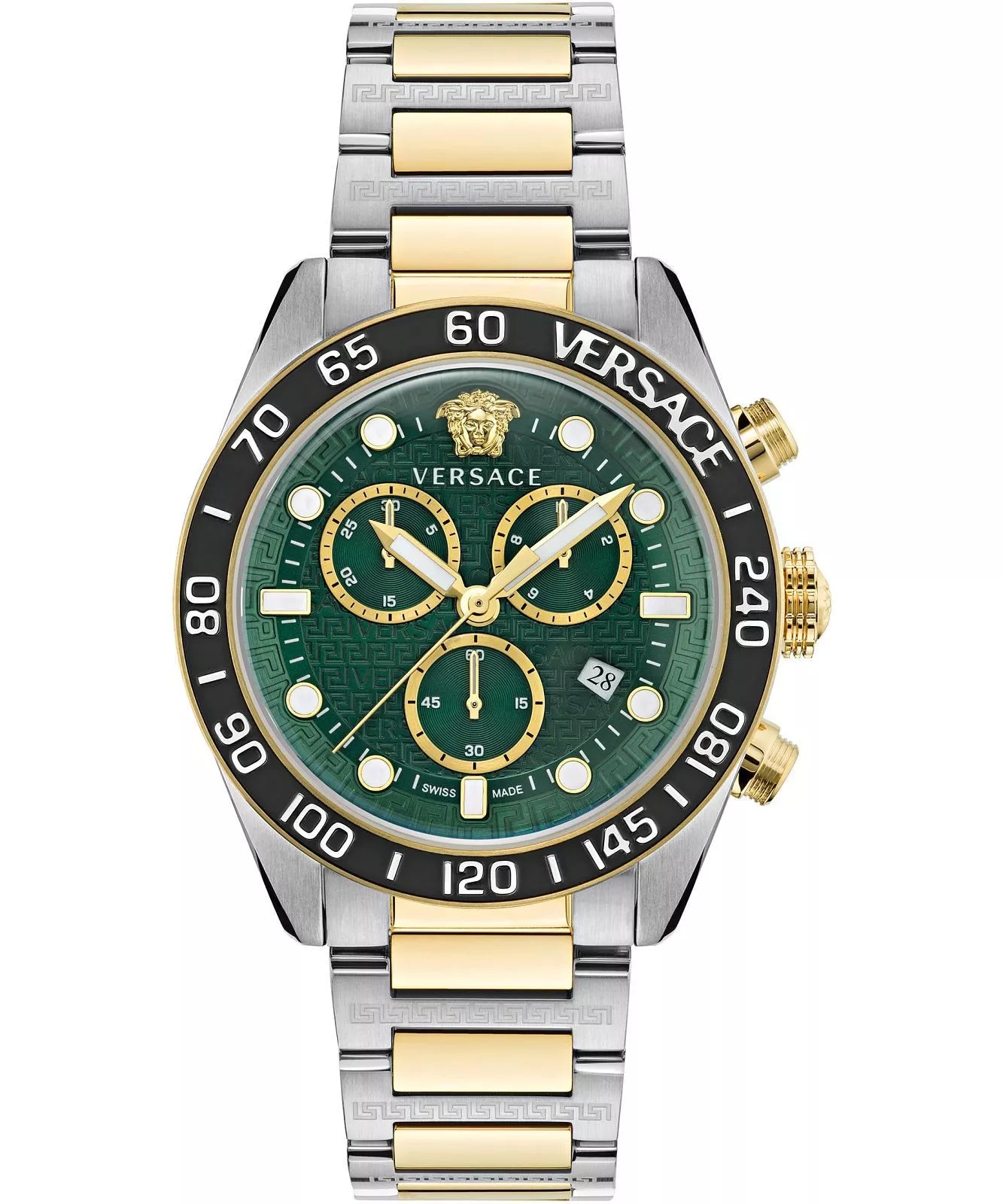 Versace Greca Dome chrono two-tone watch with green dial and gold accents