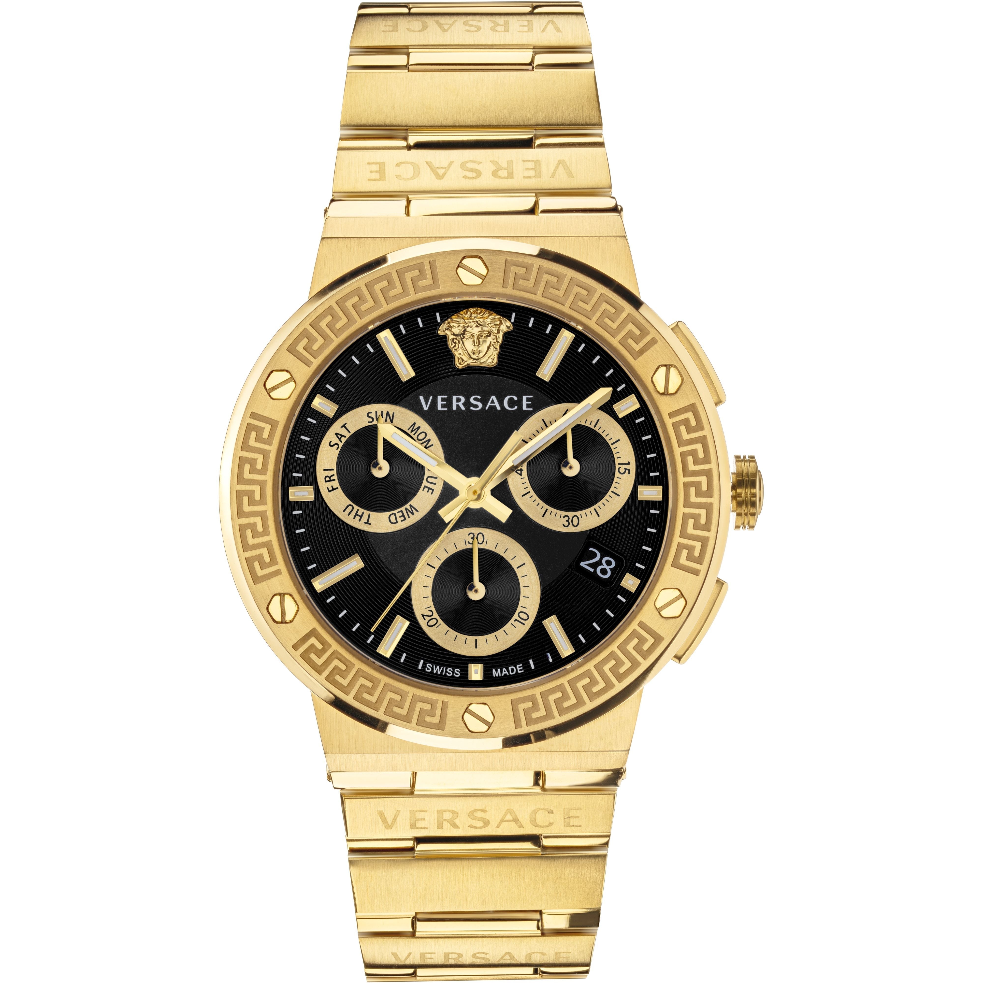 Versace Greca gold chronograph watch with black dial, three subdials, and gold bracelet strap