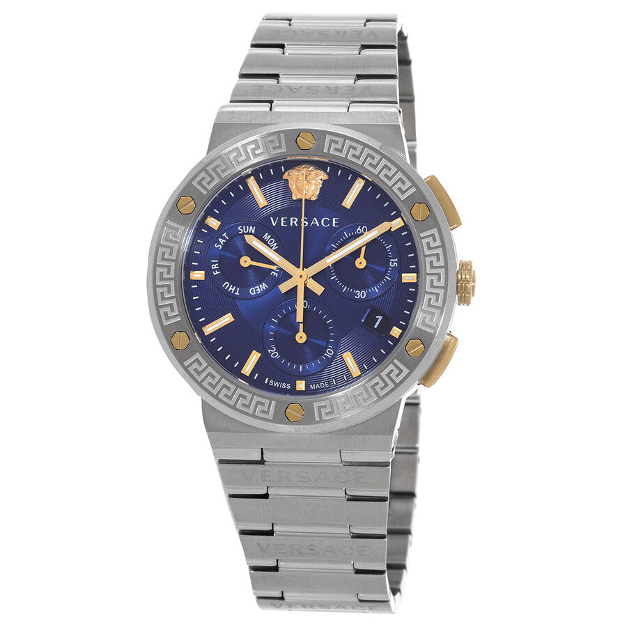 Versace Greca Logo Chronograph Swiss Movt Blue Dial Silver Watch - VEZ900221